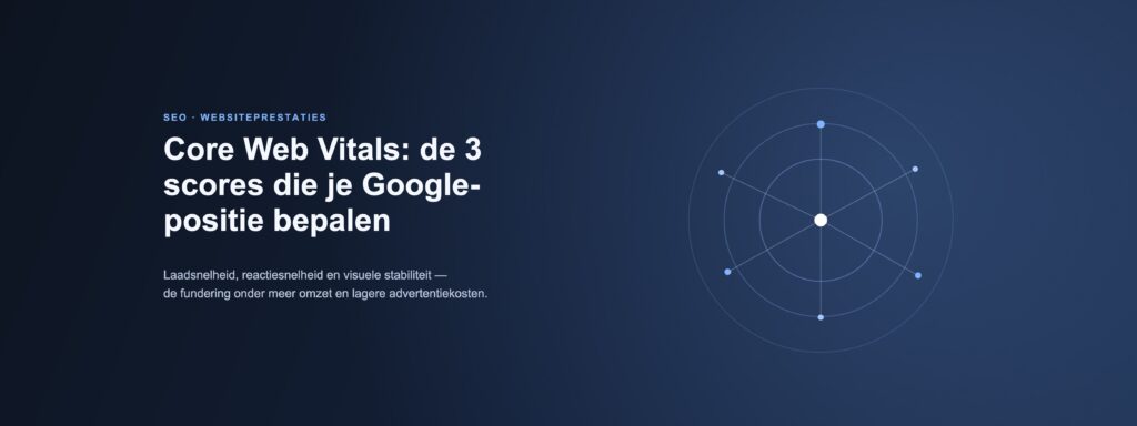 Blauwe banner van Admeisters met de tekst Core Web Vitals: de 3 scores die je Google-positie bepalen en een abstracte prestatie-radar.