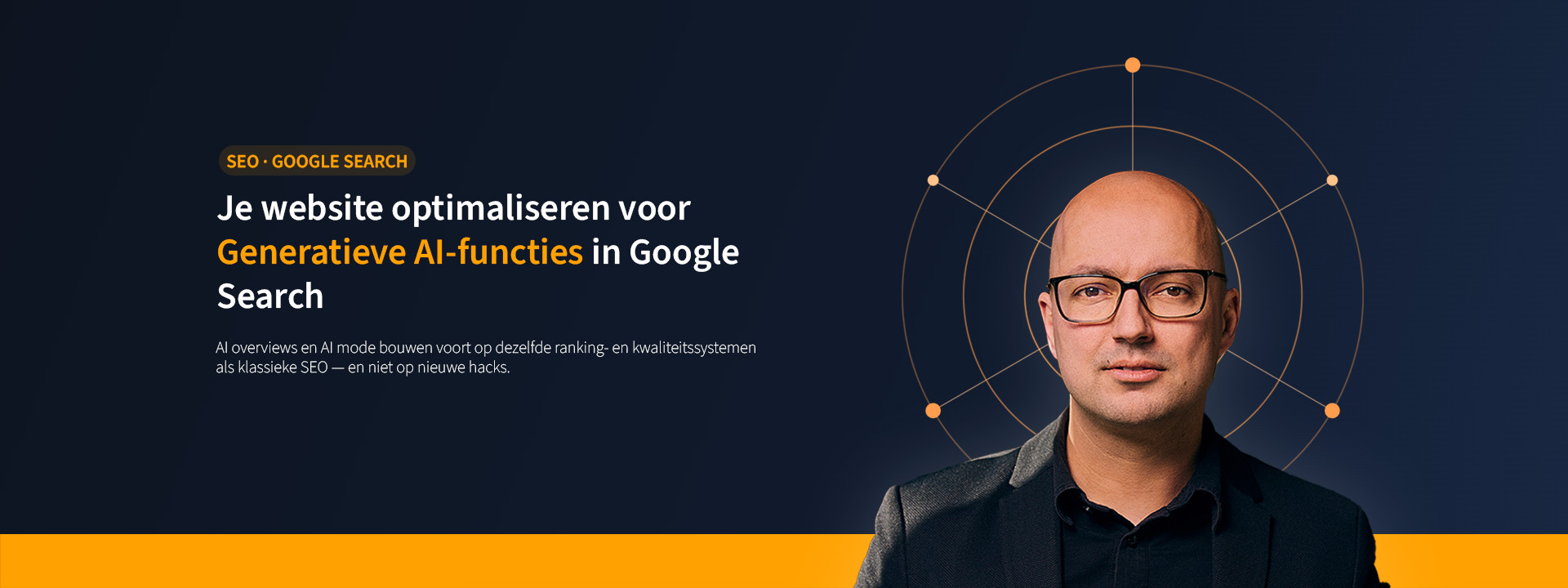 Header afbeelding bij het blogartikel "Je website optimaliseren voor generatieve AI-functies in Google Search", met foto van de auteur van Admeisters en het netwerk-icoon symbolisch voor AI-vindbaarheid in Google Search.