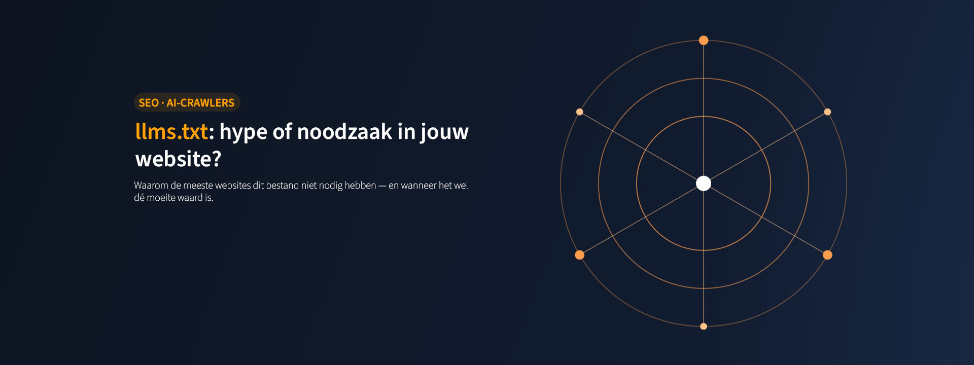 Header afbeelding bij het blogartikel "llms.txt: hype of noodzaak in jouw website?", met symmetrisch oranje netwerk-icoon symbolisch voor AI-crawlers en vindbaarheid.