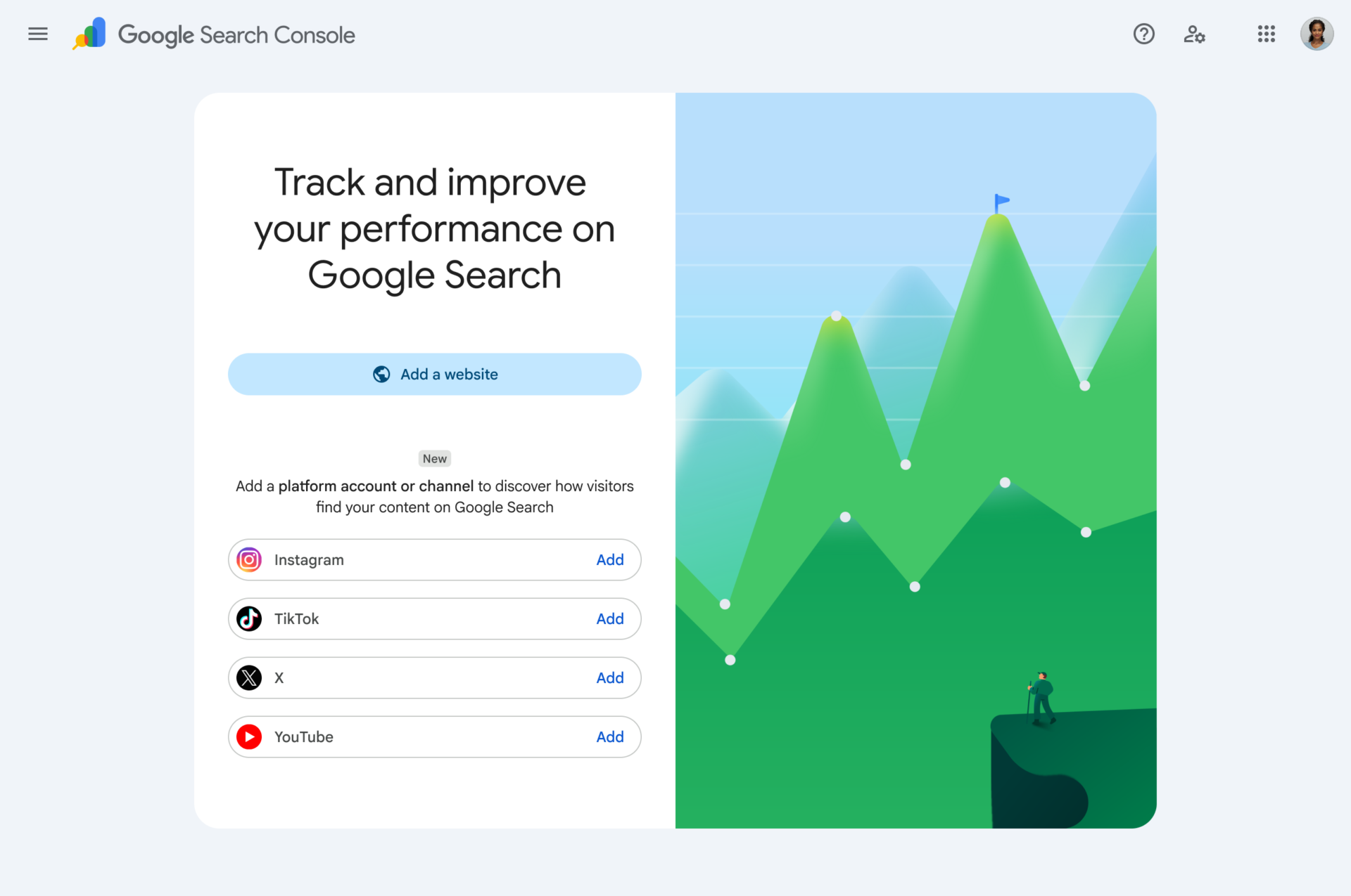 Het nieuwe welkomstscherm in Google Search Console voor het toevoegen van een Platform Property voor Instagram, TikTok, X en YouTube.
